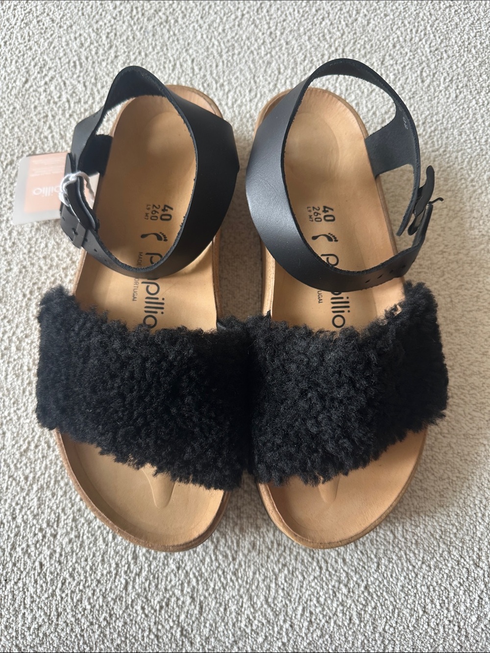 Brand new in the box Papillio Birkenstock Black Fuzzy Strap Sandals. Size 9.